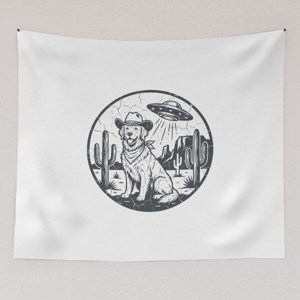 Item preview, Cowboy Golden Retriever UFO vintage line art dog humor designed and sold by chattsuede.
