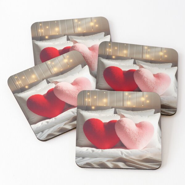 Item preview, Two heart-shaped pillows, one red and one pink, rest on a bed with white pillows and sheets, against a backdrop of soft, glowing fairy lights designed and sold by homydesign.