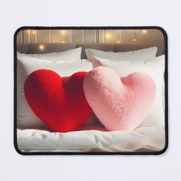 Item preview, Two heart-shaped pillows, one red and one pink, rest on a bed with white pillows and sheets, against a backdrop of soft, glowing fairy lights designed and sold by homydesign.