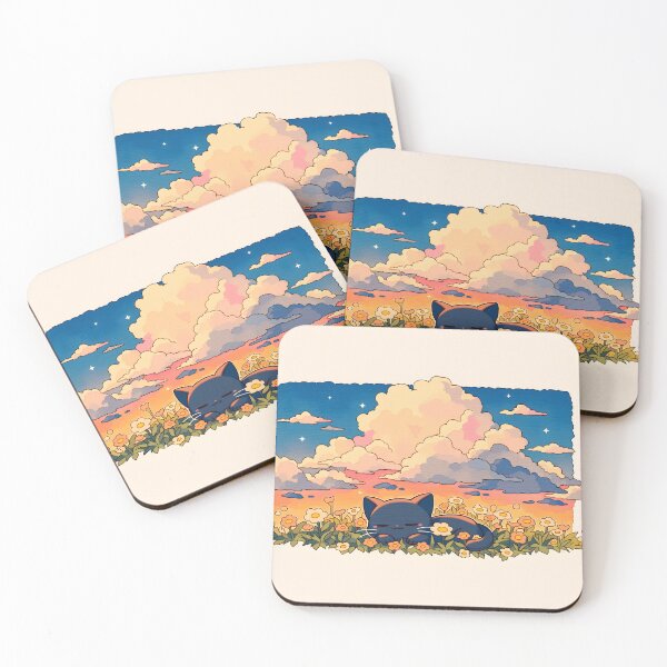 Item preview, Kawaii Black Cat Sleeping in Wildflower Meadow under Sunset Clouds designed and sold by AshiraCreations.