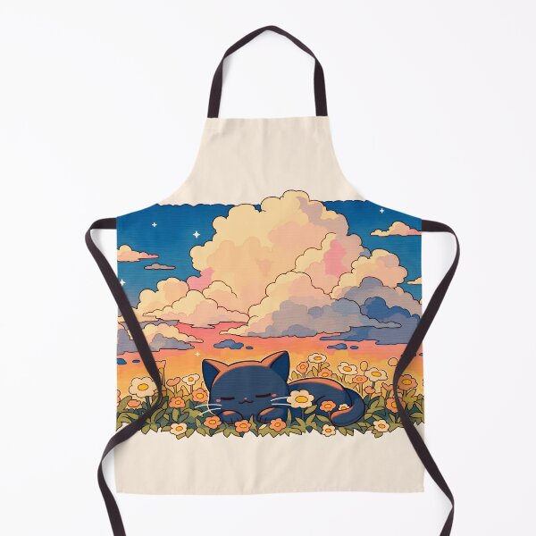 Item preview, Kawaii Black Cat Sleeping in Wildflower Meadow under Sunset Clouds designed and sold by AshiraCreations.