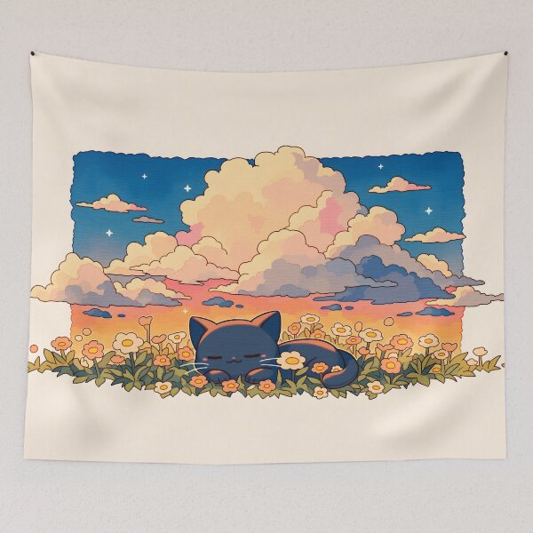 Item preview, Kawaii Black Cat Sleeping in Wildflower Meadow under Sunset Clouds designed and sold by AshiraCreations.
