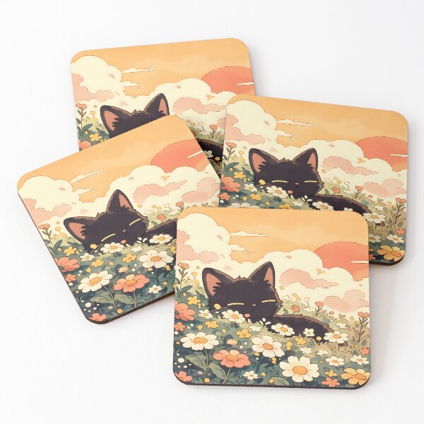 Item preview, Kawaii Black Cat Napping in Golden Wildflower Meadow at Sunset designed and sold by AshiraCreations.