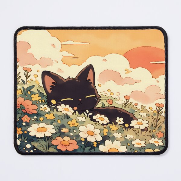 Item preview, Kawaii Black Cat Napping in Golden Wildflower Meadow at Sunset designed and sold by AshiraCreations.