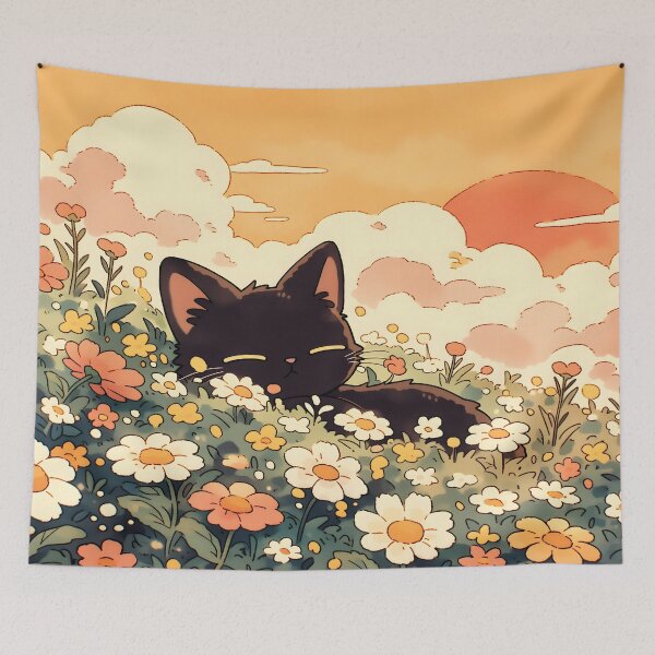Item preview, Kawaii Black Cat Napping in Golden Wildflower Meadow at Sunset designed and sold by AshiraCreations.
