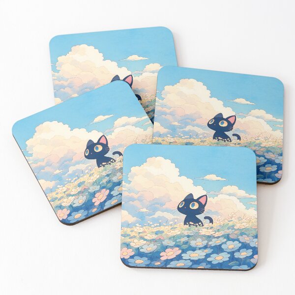 Item preview, Curious Black Cat in Blue and White Wildflower Meadow under Summer Clouds designed and sold by AshiraCreations.