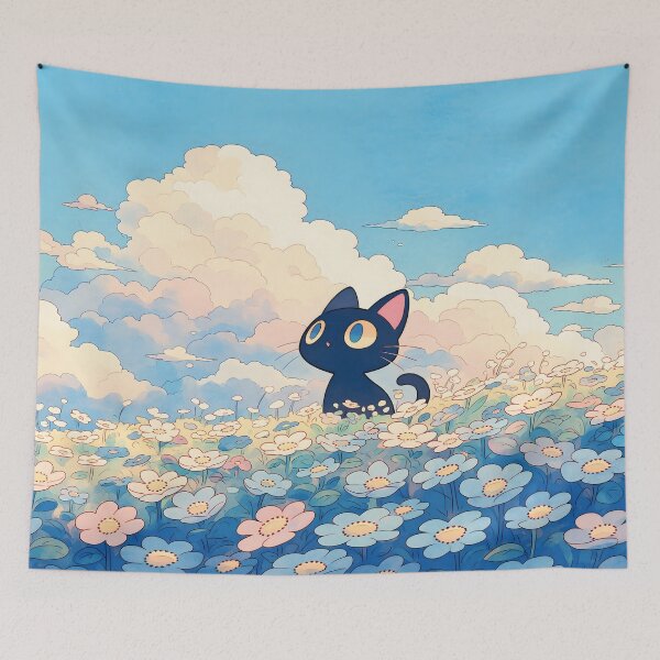 Item preview, Curious Black Cat in Blue and White Wildflower Meadow under Summer Clouds designed and sold by AshiraCreations.