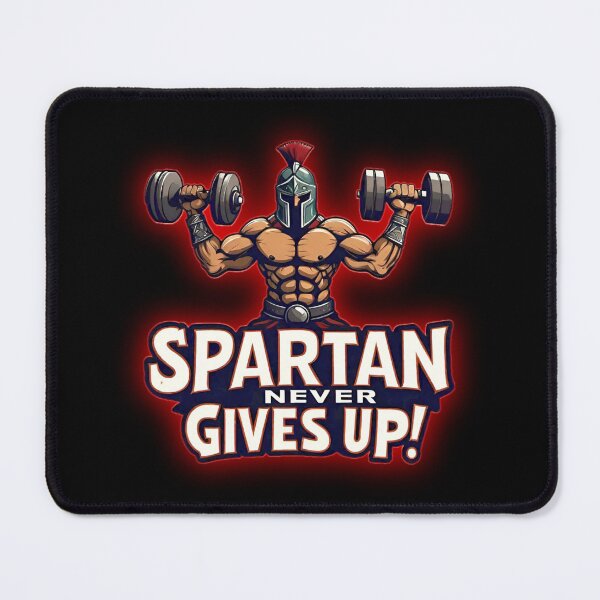 Item preview, Spartan Sports Motivational Warrior, With Red Combative Aura, Lifting Two Dumbbells and Screaming "SPARTAN NEVER GIVES UP!" designed and sold by Giulivo Store Graphic.