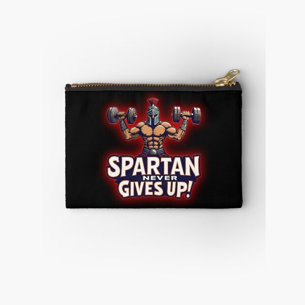 Item preview, Spartan Sports Motivational Warrior, With Red Combative Aura, Lifting Two Dumbbells and Screaming "SPARTAN NEVER GIVES UP!" designed and sold by Giulivo Store Graphic.