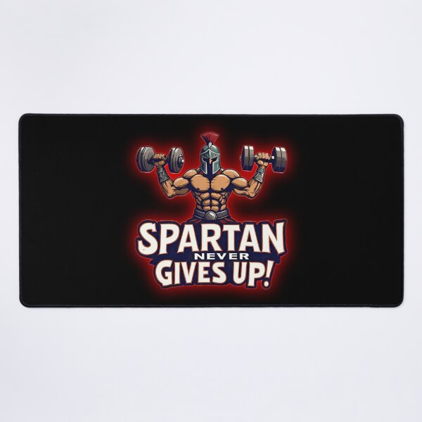 Item preview, Spartan Sports Motivational Warrior, With Red Combative Aura, Lifting Two Dumbbells and Screaming "SPARTAN NEVER GIVES UP!" designed and sold by Giulivo Store Graphic.
