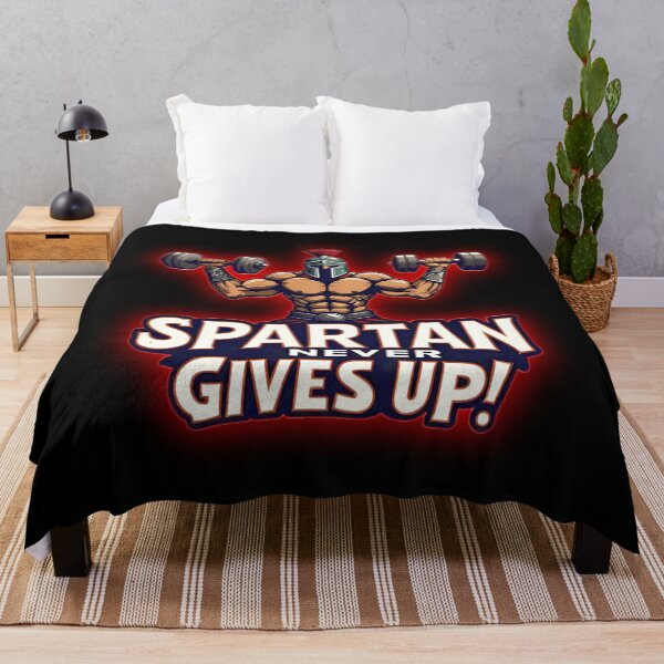 Item preview, Spartan Sports Motivational Warrior, With Red Combative Aura, Lifting Two Dumbbells and Screaming "SPARTAN NEVER GIVES UP!" designed and sold by Giulivo Store Graphic.