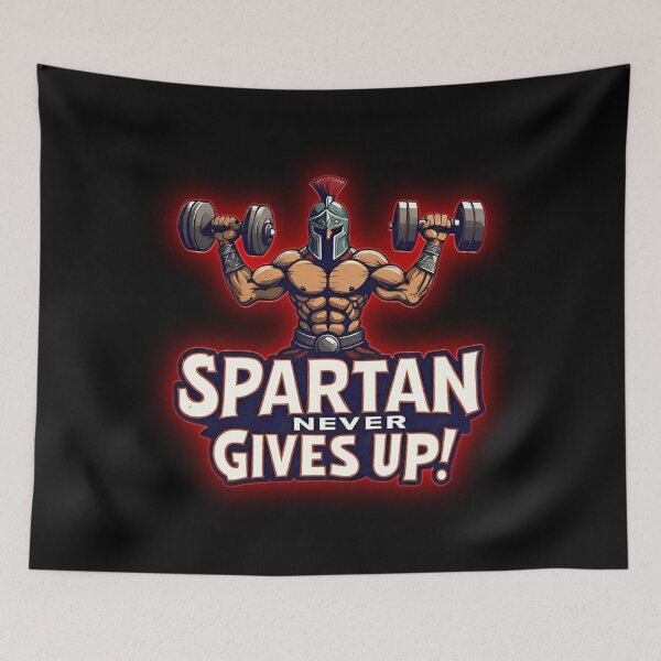 Item preview, Spartan Sports Motivational Warrior, With Red Combative Aura, Lifting Two Dumbbells and Screaming "SPARTAN NEVER GIVES UP!" designed and sold by Giulivo Store Graphic.