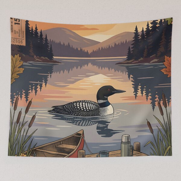 Item preview, Loon at dawn beside quiet lake Nova Scotia designed and sold by CoffeeinBloom.