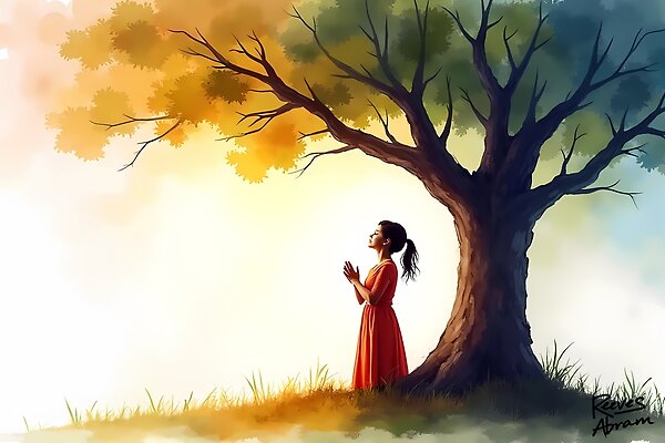 Praying Woman Under Shade of Tree