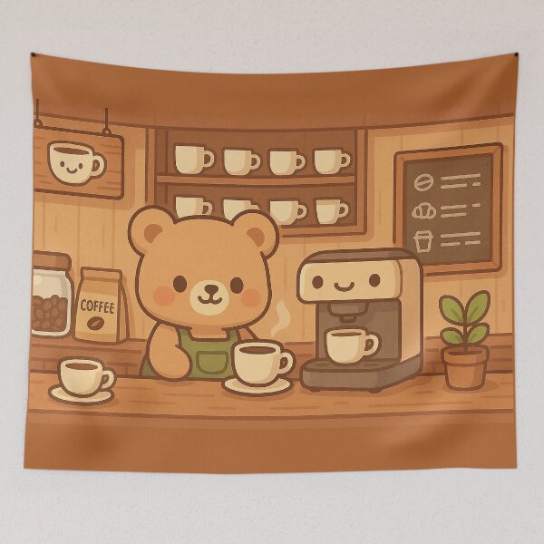 Item preview, Cute Bear Barista Coffee Shop Illustration | Cozy Kawaii Coffee Art designed and sold by witwhimsystudios.