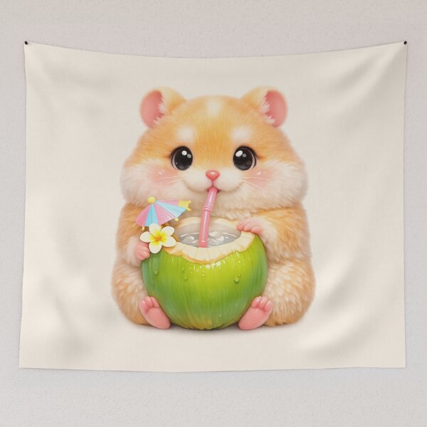 Item preview, Cute Fluffy Hamster Sipping Coconut | Kawaii Tropical Animal Art designed and sold by Moons Studio.