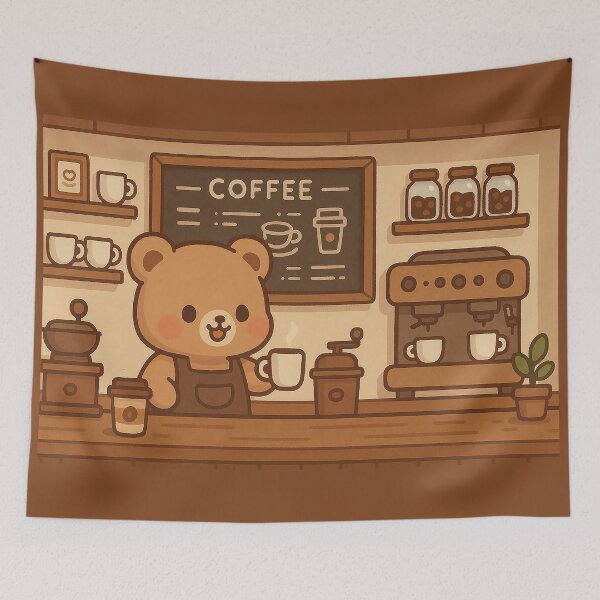 Item preview, Cute Bear Barista Coffee Shop Illustration | Cozy Kawaii Café Art designed and sold by witwhimsystudios.