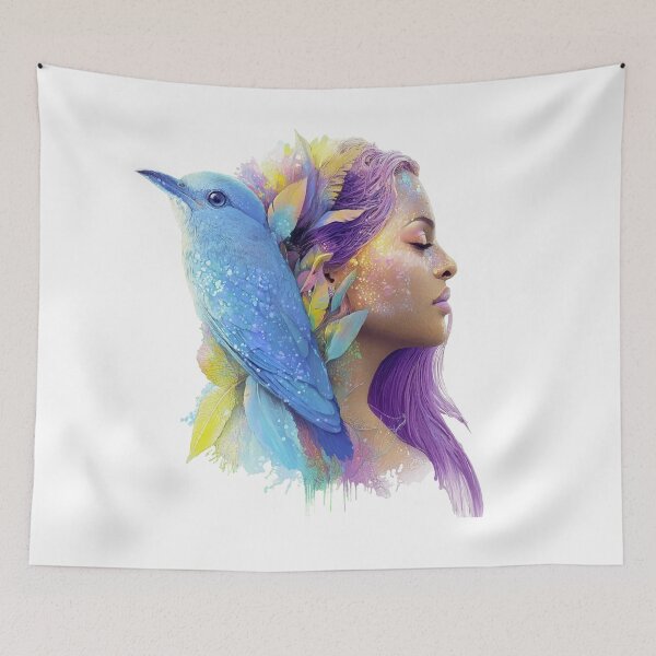 Item preview, a woman with a hummingbird on her shoulder designed and sold by Robindunet.