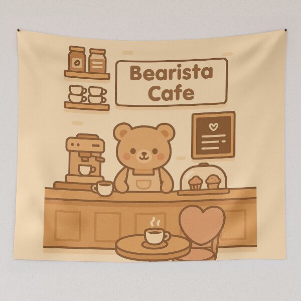 Item preview, Cute Bear Barista Coffee Shop Illustration | Cozy Kawaii Café Art designed and sold by witwhimsystudios.