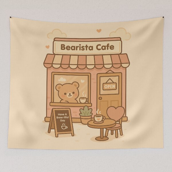 Item preview, Cute Bear Coffee Shop Illustration | Cozy Kawaii Café Exterior Art designed and sold by witwhimsystudios.