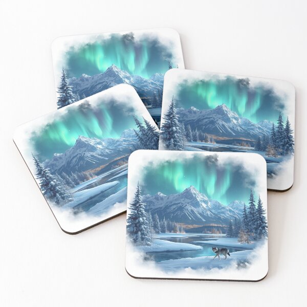 Item preview, Snow-Covered Wilderness Artwork under Vibrant Aurora designed and sold by catcurio.