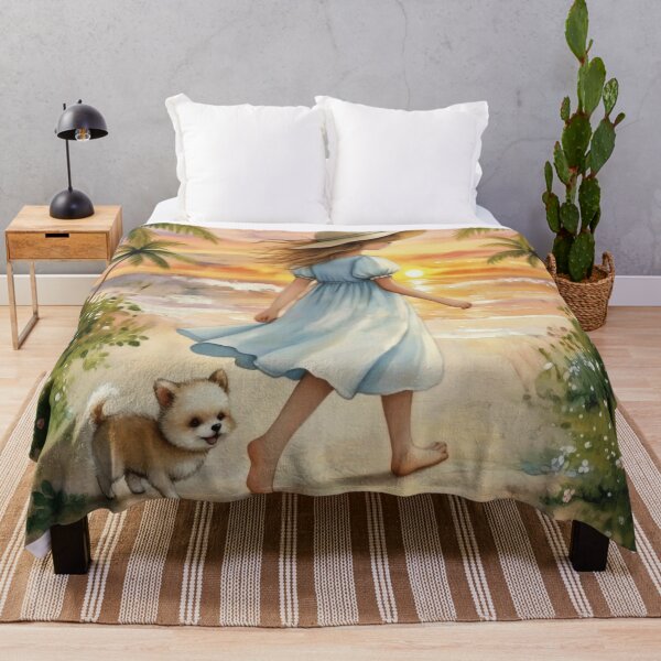 Item preview, Oil Painting Girl Sunset Beach with Dog designed and sold by Foxglovers Studio .