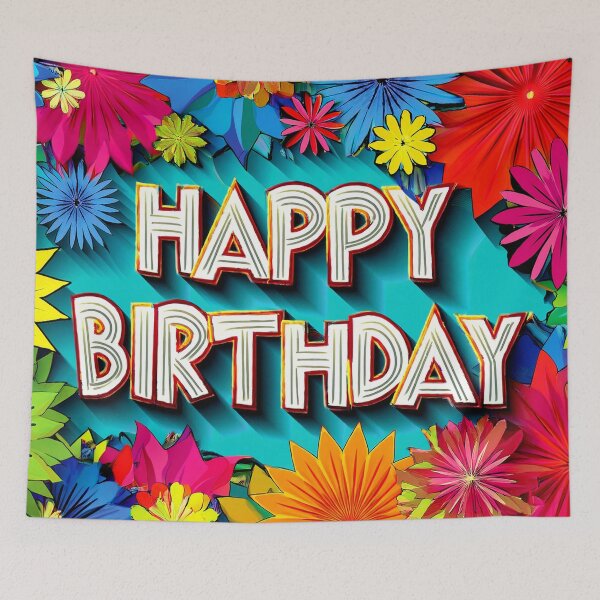 Item preview, Colorful Happy Birthday Wallcovering Tapestry, duvet cover, throw blanket, shower curtain designed and sold by CharlottePlaceArt.