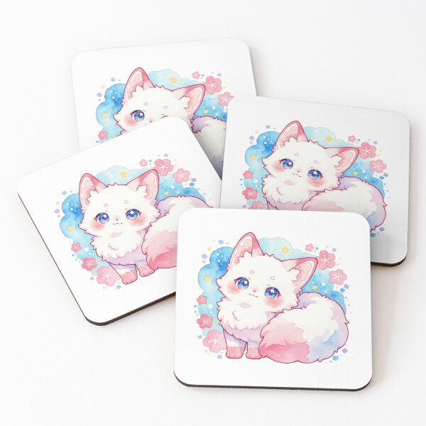 Item preview, Watercolor Kawaii White Fox with Pink Cherry Blossoms Illustration designed and sold by Jagamusubi.