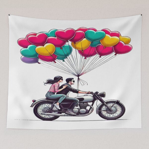 Item preview, Romantic Couple on Motorcycle with Heart Balloons – Valentine Love Art designed and sold by Rajasekar.