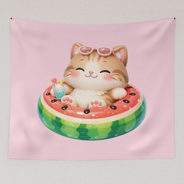 Item preview, Cute Kitten in Watermelon Float | Summer Cat Art designed and sold by Moons Studio.