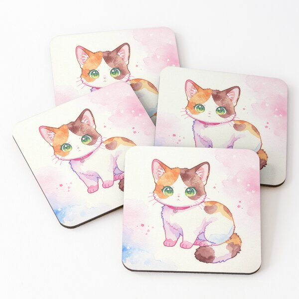 Item preview, Watercolor Calico Kitten with Green Eyes and Heart Collar in Pink Blooms designed and sold by Jagamusubi.