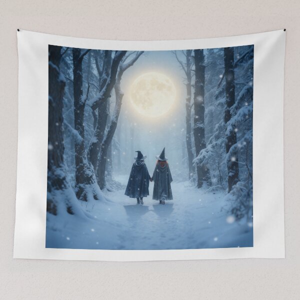 Item preview, Moonlit Witches Walking in Snowy Enchanted Forest designed and sold by AbstractAuraArt.