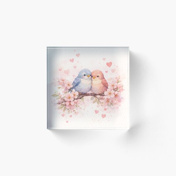 Artikelvorschau, Niedliche Aquarell-Liebesvögel auf einem Frühlingsblütenzweig entworfen und verkauft von Dreamy Armine Art.
