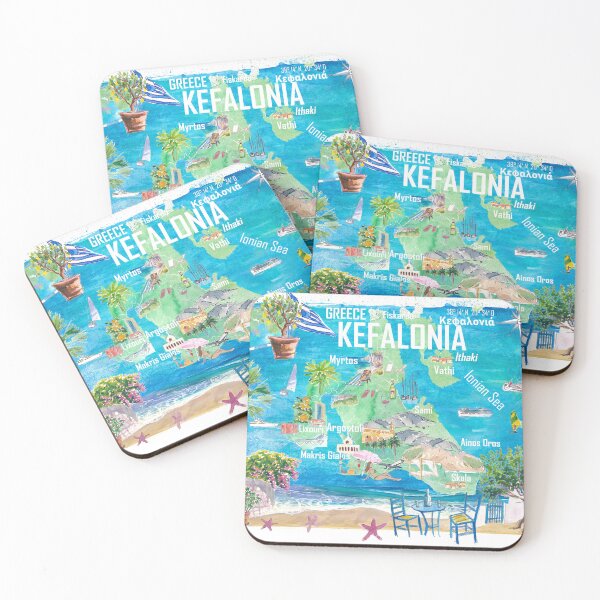 Item preview, Kefalonia Illustrated Greece Island Travel Map in Ionian Sea with Roads and Tourist Highlights designed and sold by artshop77.
