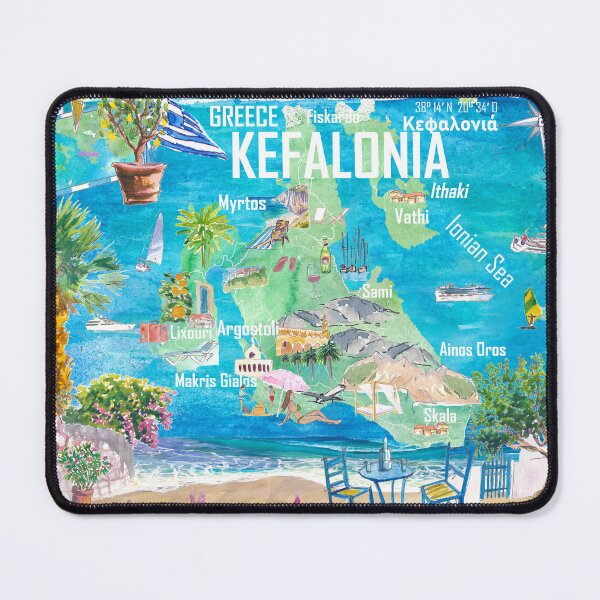 Item preview, Kefalonia Illustrated Greece Island Travel Map in Ionian Sea with Roads and Tourist Highlights designed and sold by artshop77.
