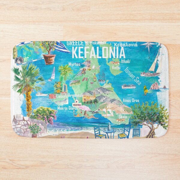 Item preview, Kefalonia Illustrated Greece Island Travel Map in Ionian Sea with Roads and Tourist Highlights designed and sold by artshop77.