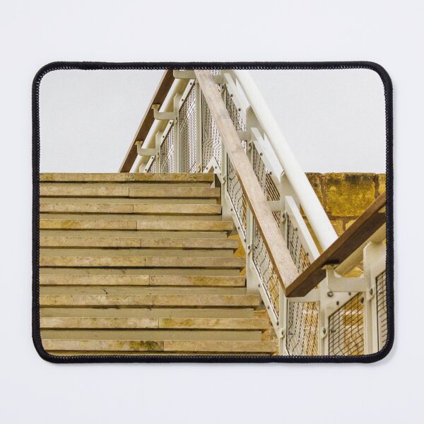 Item preview, Modern Stone Staircase With Metal Mesh Railings Rising Upward Under Soft Overcast Sky designed and sold by Nmallia.