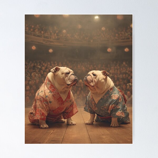 Aperçu de l'œuvre Lutte de sumo avec un bouledogue – Art amusant de chiens sumo japonais créée et vendue par Kovrika.