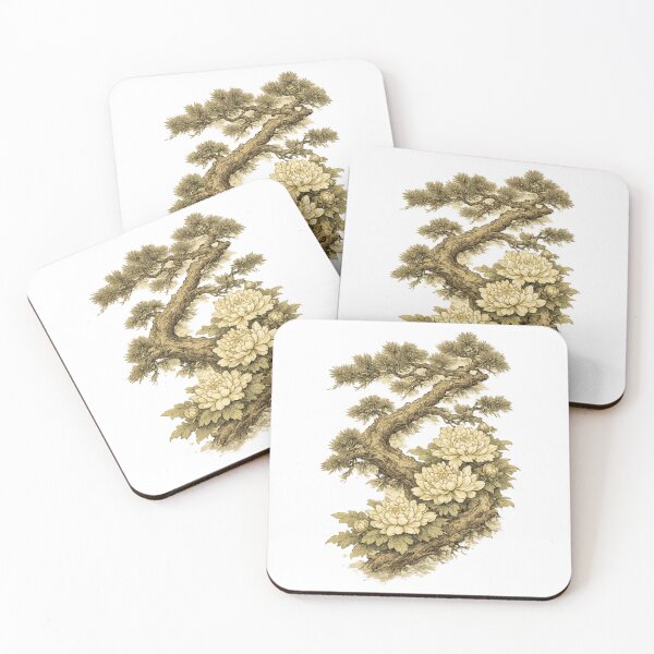 Item preview, Japanese Woodblock Pine Chrysanthemum Sepia Botanical Art designed and sold by RiotKida.