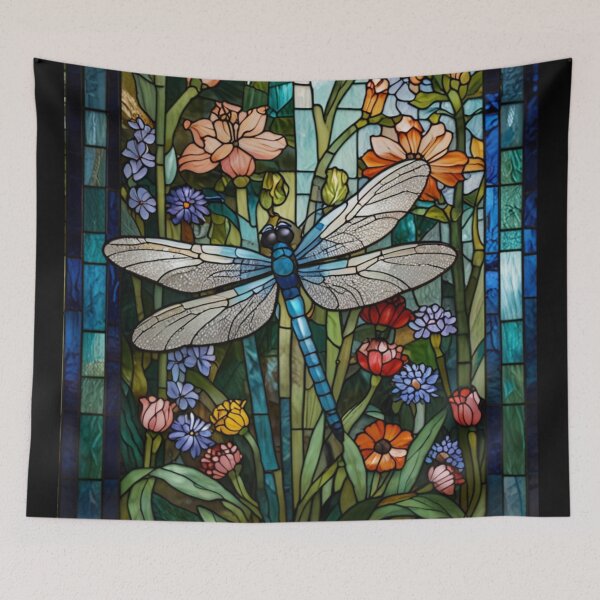 Item preview, Vintage art nouveau bohemian stain glass dragonfly art floral garden  designed and sold by hollycooper.