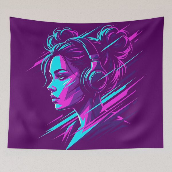 Item preview, Synthwave Girl Headphones Neon Portrait designed and sold by MarCinu Art.