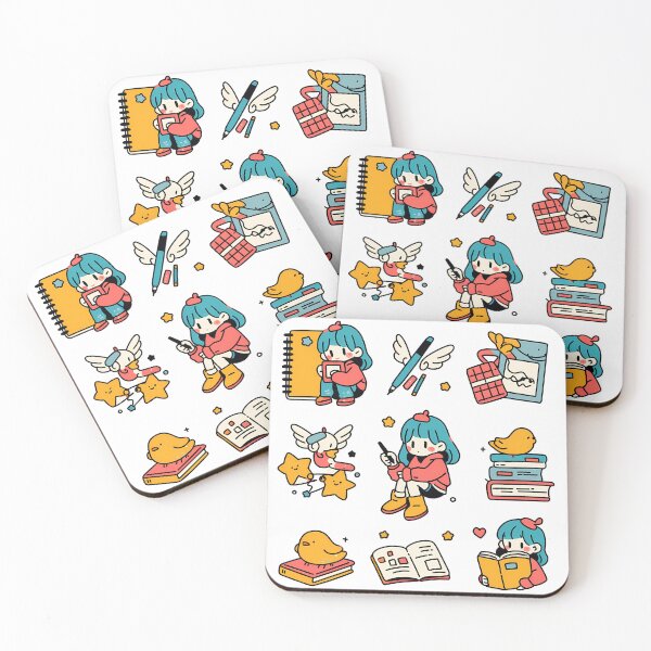 Item preview, Kawaii Bookworm Girl Sticker Pack - Cute Reading Writing Blue Hair Art Print designed and sold by DesignArtist.ia.