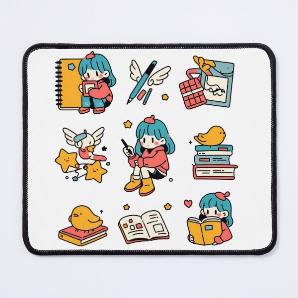 Item preview, Kawaii Bookworm Girl Sticker Pack - Cute Reading Writing Blue Hair Art Print designed and sold by DesignArtist.ia.