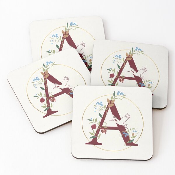 Item preview, Elegant Letter A: Floral Monogram with Pomegranates and Stork designed and sold by Dreamy Armine Art.