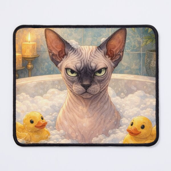 Item preview, Grumpy Sphinx Cat in Bath with Rubber Ducks Funny Cat Illustration designed and sold by lulu-o-lulu.