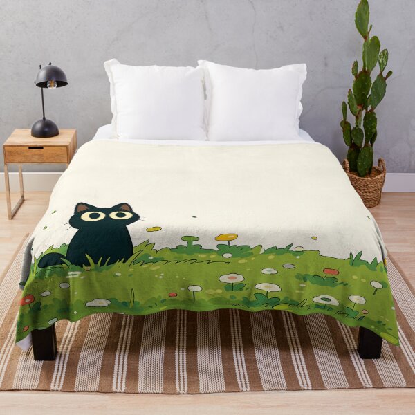 Item preview, Minimalist Kawaii Black Cat sitting in Simple Green Wildflower Meadow designed and sold by AshiraCreations.