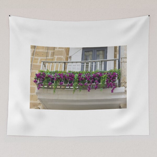 Item preview, Purple Flower Balcony Planter With Green Vines Over Wooden Railing On Stone Building designed and sold by Nmallia.