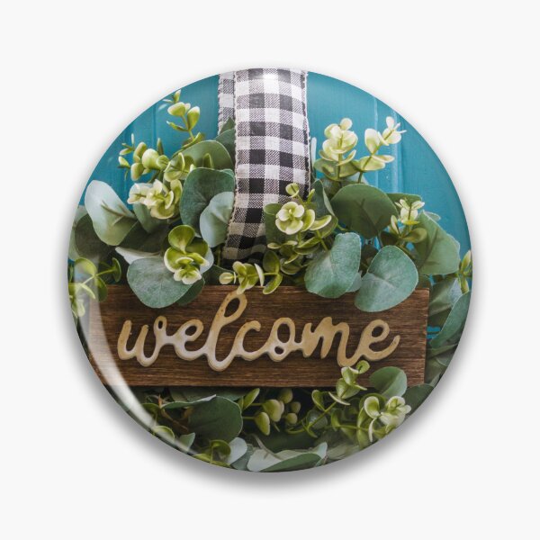 Item preview, Welcome Door Decor With Greenery Hanging From Black-White Checkered Ribbon On Turquoise Door designed and sold by Nmallia.