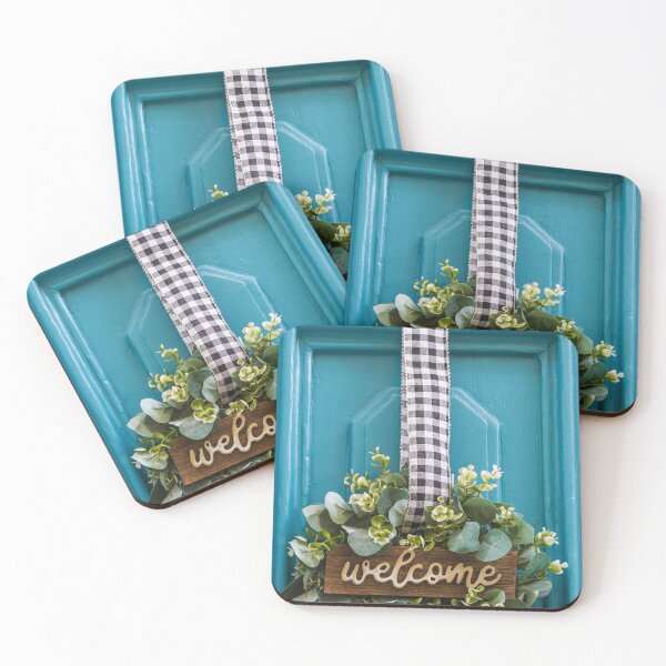 Item preview, Welcome Door Decor With Greenery Hanging From Black-White Checkered Ribbon On Turquoise Door designed and sold by Nmallia.