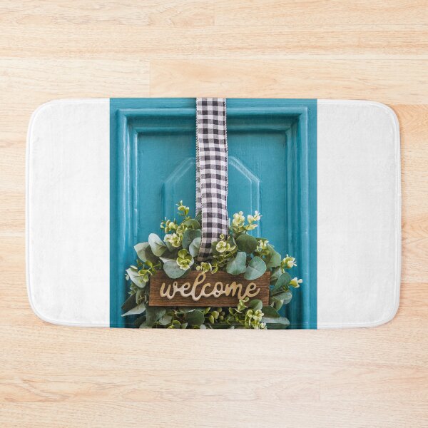 Item preview, Welcome Door Decor With Greenery Hanging From Black-White Checkered Ribbon On Turquoise Door designed and sold by Nmallia.